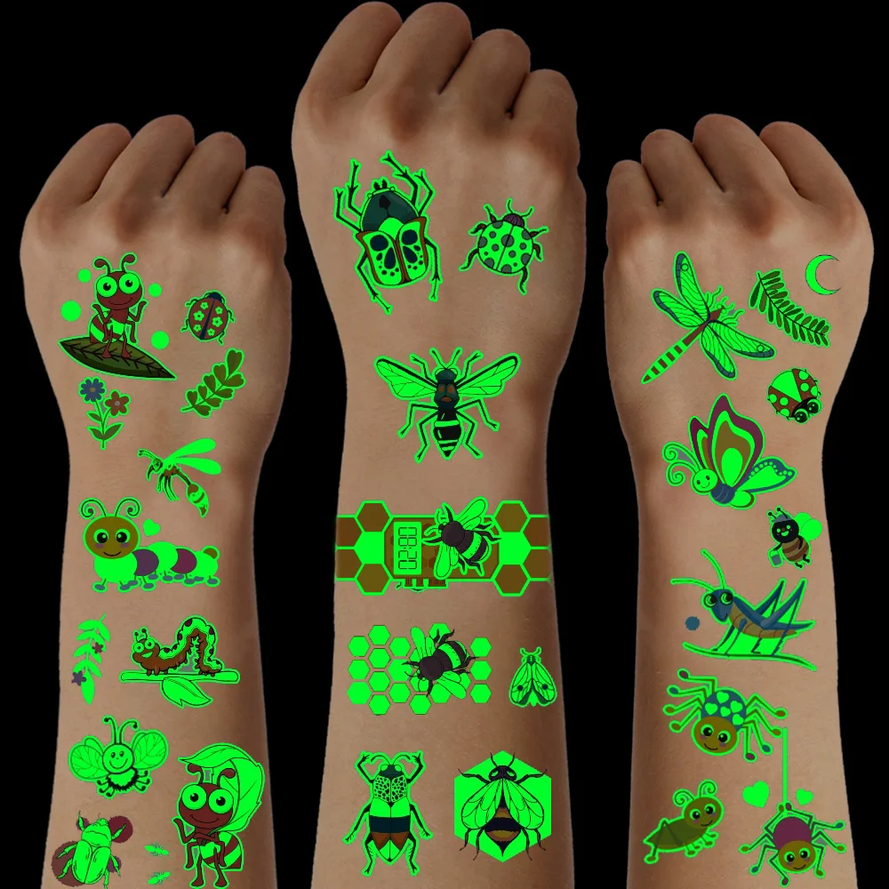 12 Sheets Insect Bug Luminous Tattoos, Bees Spider Beetles Butterfly Ant Dragonfly Cricket Pattern, Birthday Party Favors, Gifts