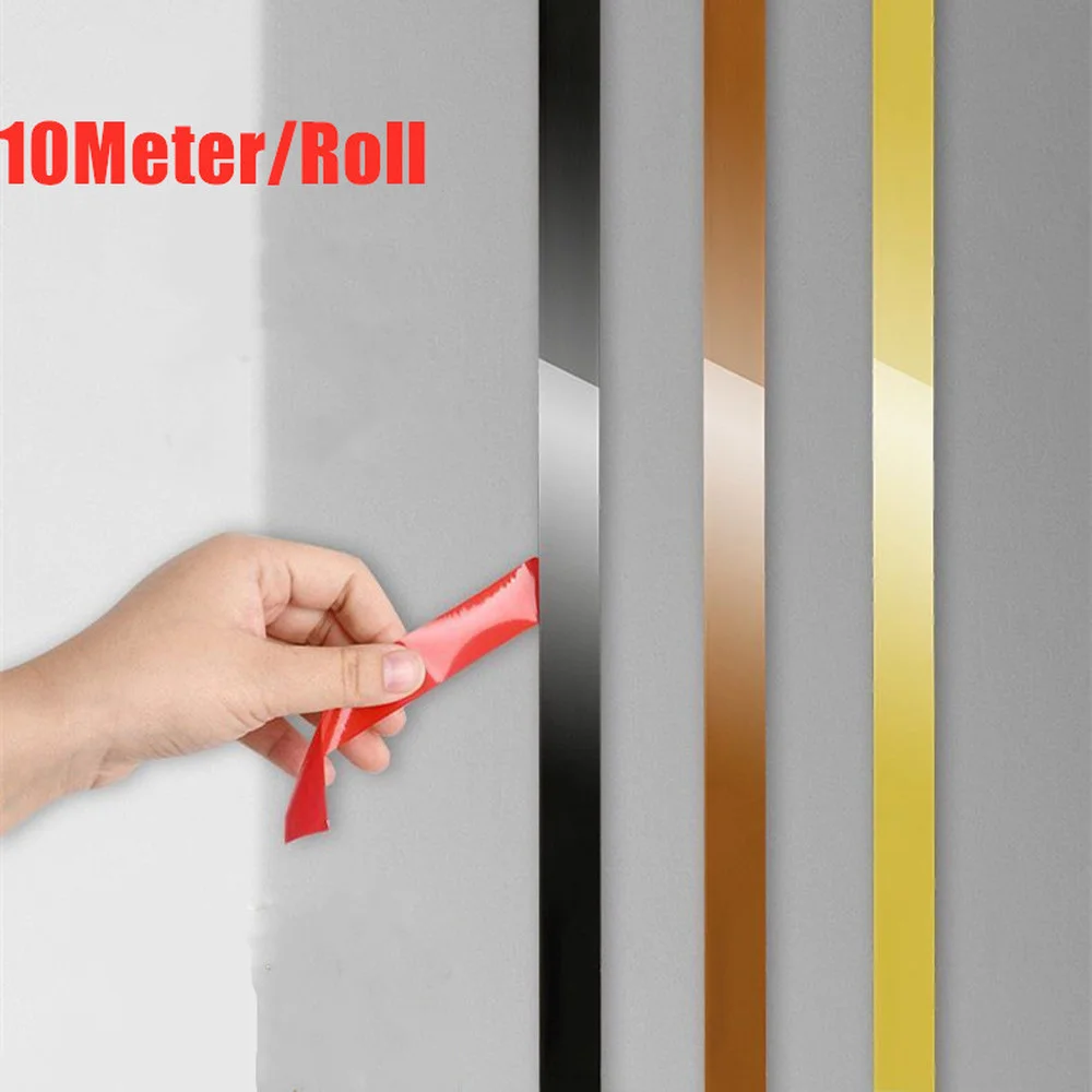 10M/Roll Gold Wall Edge Strip Stainless Steel Flat Living Room Decoration Mirror Wall Stickers for Home Room Decor Self Adhesive