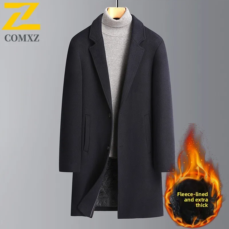 COMXZ Wool Overcoat Men Winter Cotton Padded Thick Woolen Fashion Business Casual Solid Color Trench Coat Waterproof Windproof