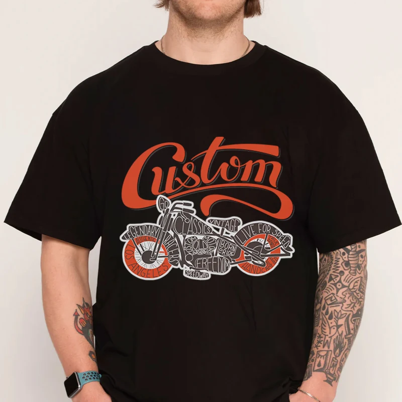 

Custom Motorcycles Poster With Bike And Red Hand Drawn Word For T-shirtCotton Men Short Sleeve O-Neck Casual Tee