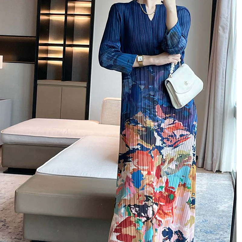 Wrinkle 2024 Autumn New French Oil Painting Print Design Dress Women's Elegant Slim Fit Long Dress LOOSE