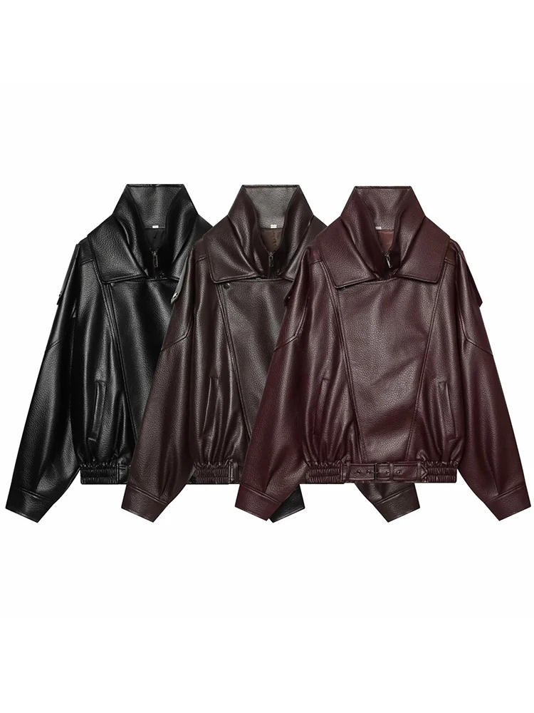 Women Fall Trendy Leather Jacket Women Stand-up Collar Faux Leather Zipper Jacket 2026 Fashion High Street Lady Jacket