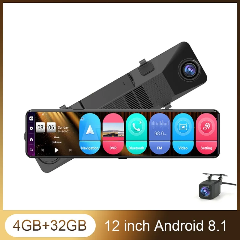 12 inch Android 8.1 Car DVR Rear View Mirror Video Recorder Dual Lens Dash Camera 4GB+32GB GPS Navigation