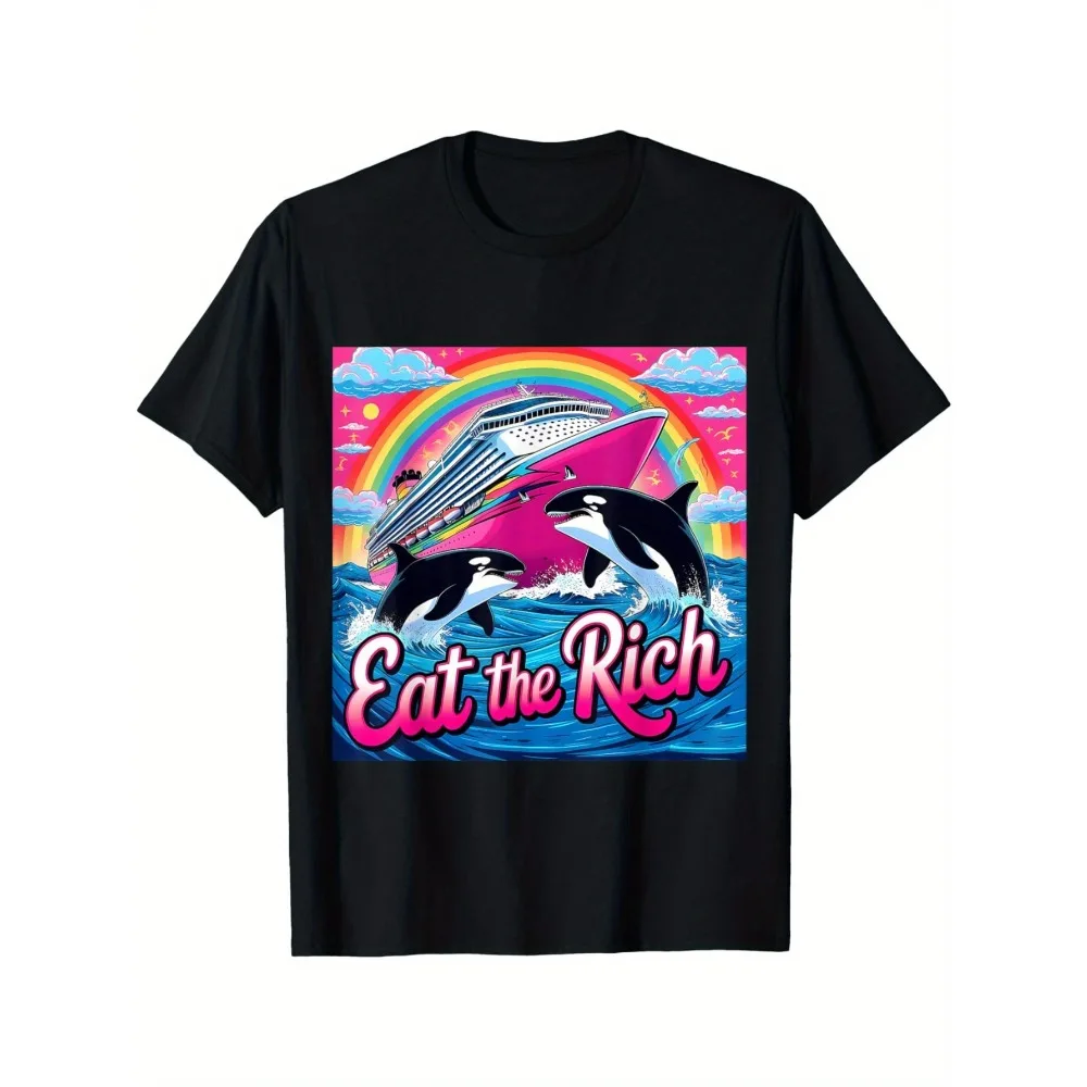 

Men's "Eat the Rich" Whale Graphic T-Shirt - Retro 90s Style, Funny Orca Yacht Design, Black Cotton, Casual Round Neck Tee