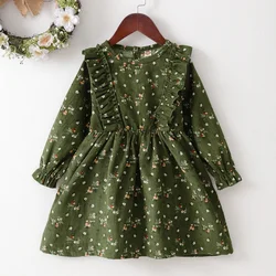 Kids Girls'Green Floral Corduroy Long Sleeved Dress Baby Girl Party Princess Dress For 1-6 Years Fashion Winter Autumn Clothes