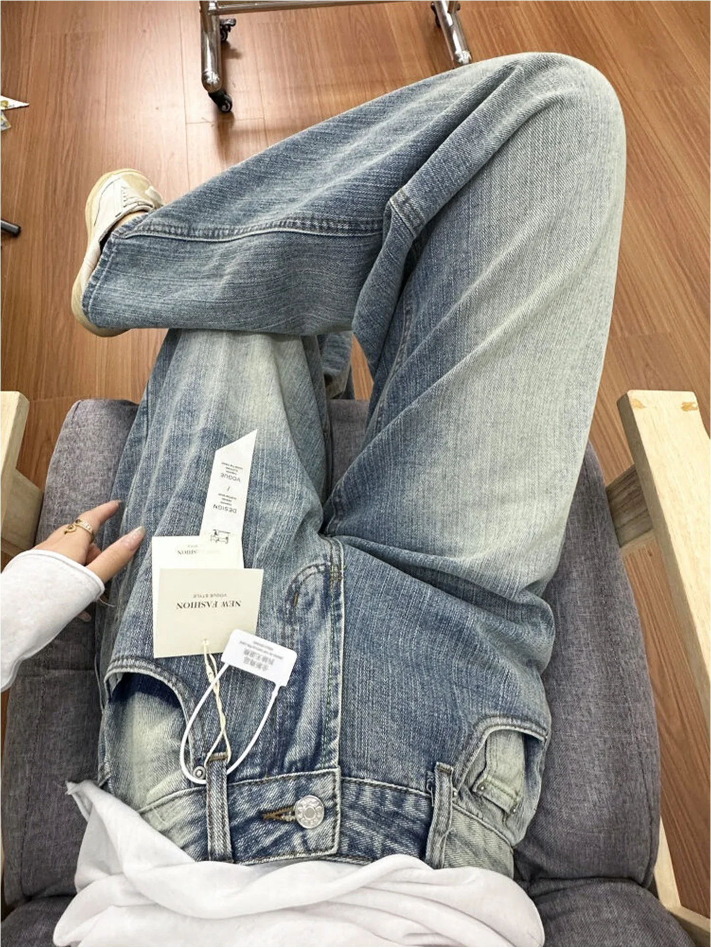 

American High Waist Washed out Slimming Jeans Women's Summer New Small Size Loose Wide Leg Pants Vintage Style Casual Wear