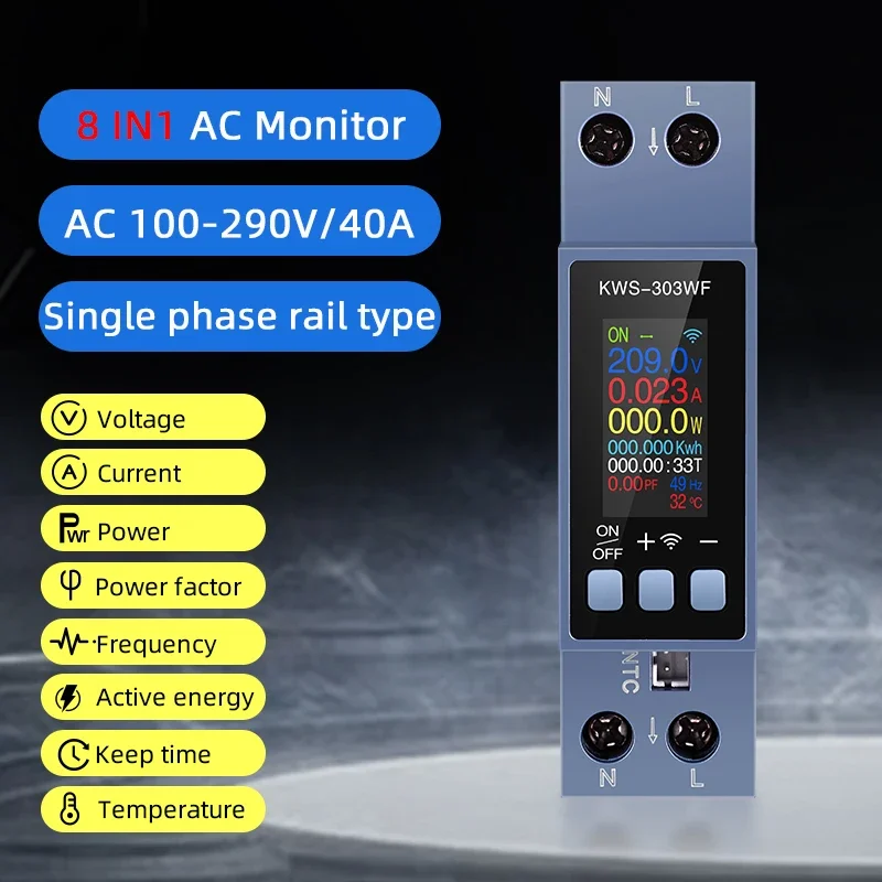 8IN1 Single-phase Power Energy Meter Din Rail Type Meter AC100-290V/40A Voltage Current Power Factor Frequency Meter with LCD