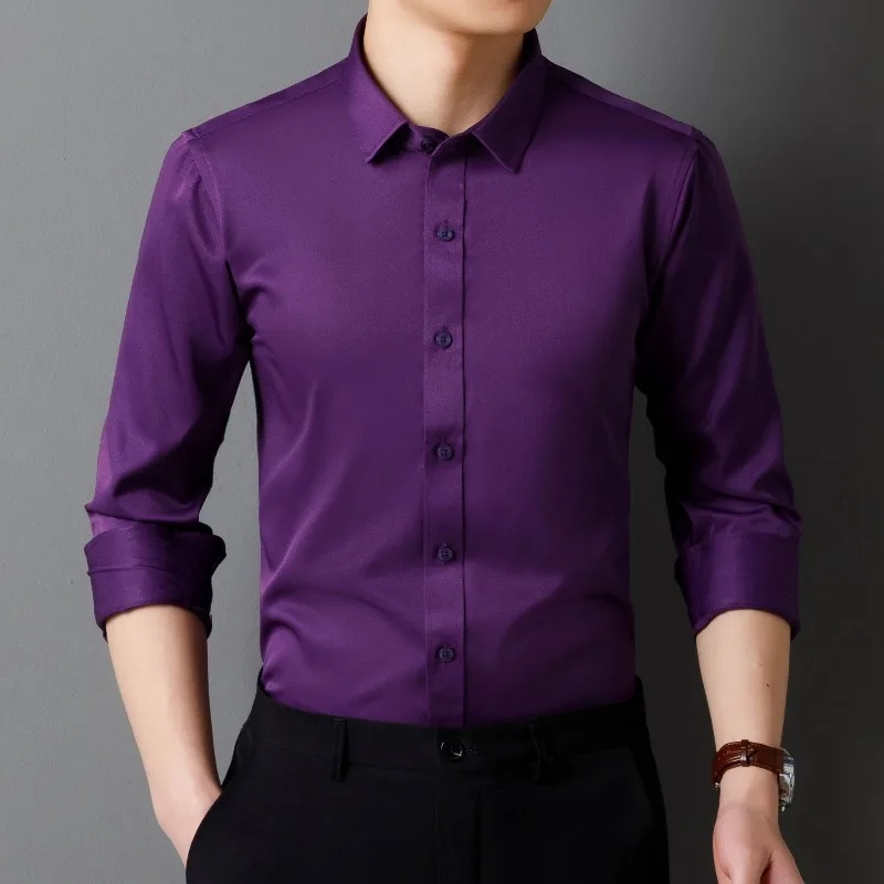 Men's Business and Leisure Non Ironing Elastic Long Sleeved Shirt, European Size, Comfortable and Breathable Solid Color Shirt