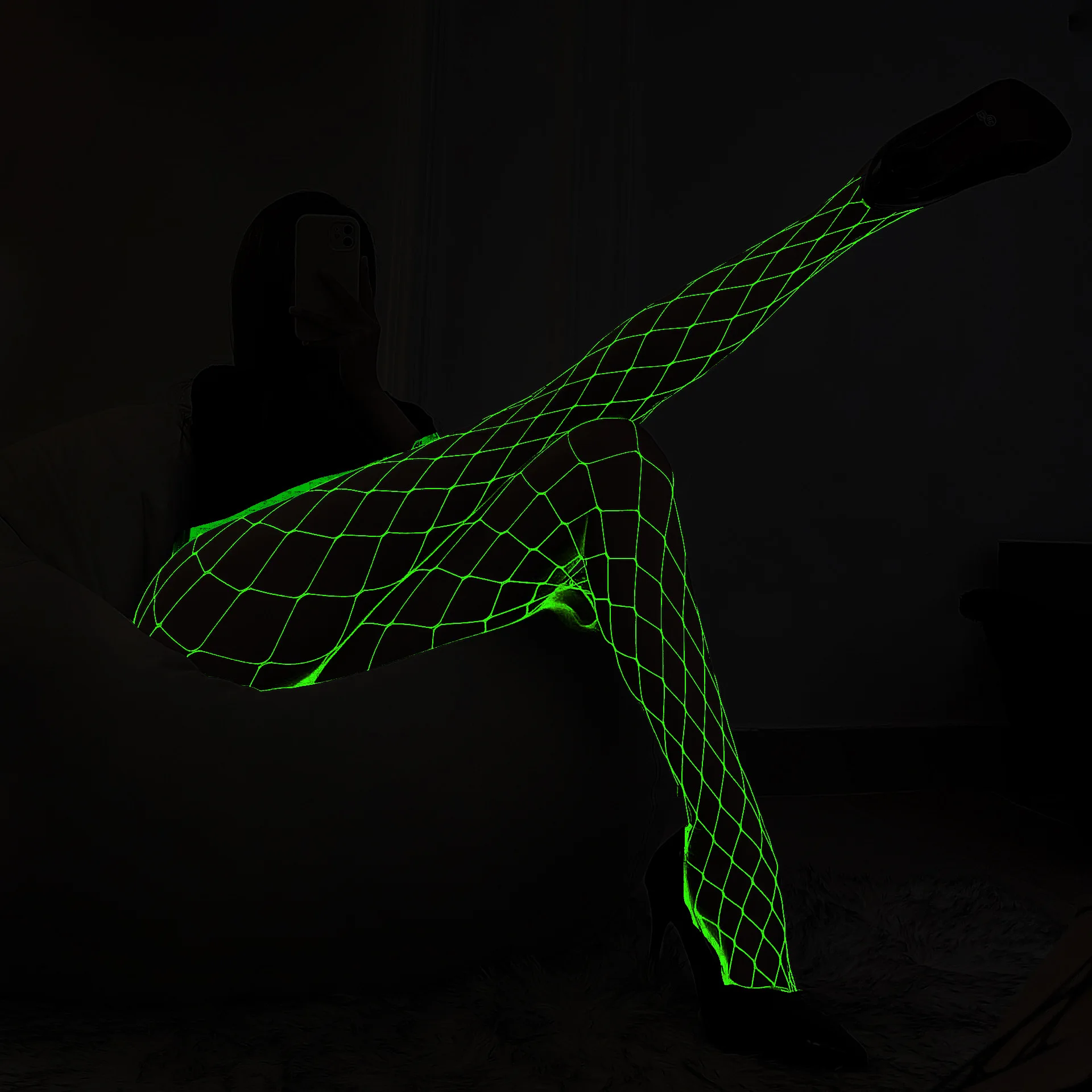 Large Size Luminous Stockings Glow In The Dark Pole Dance Clubwear Hollow Out Crotchless Pantyhose Sexy Lingerie Fishnet Tights