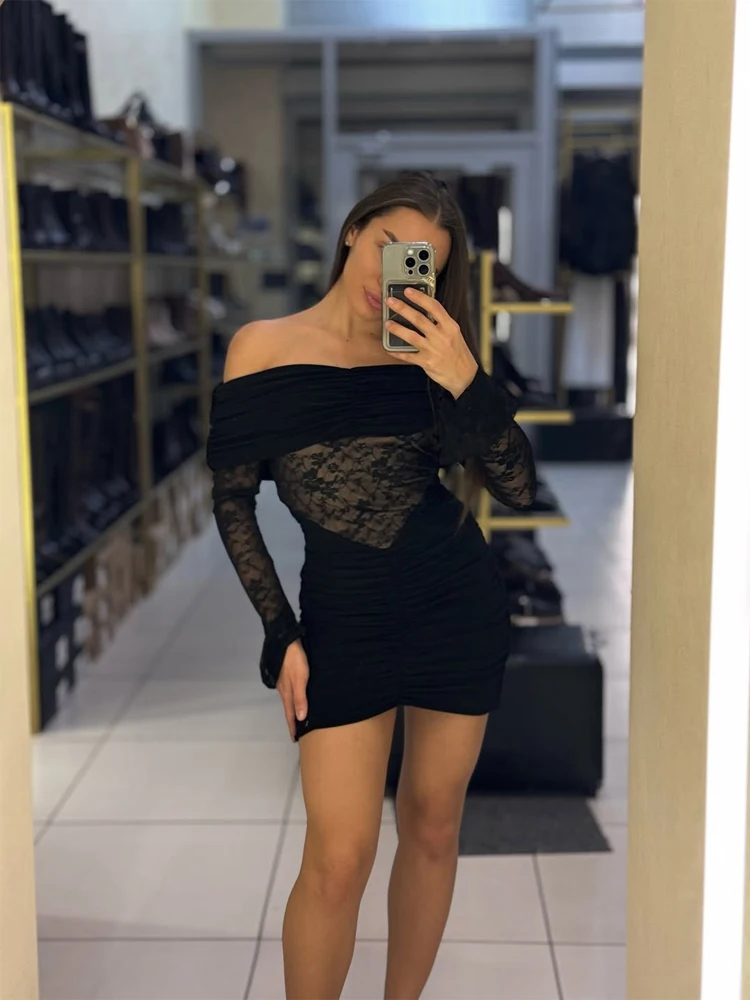 Robe moulante sexy en dentelle patchwork sans bretelles pour femmes, chic, unie, épaules dénudées, transparente, plissée, courte, robes de soirée pour femmes 2026