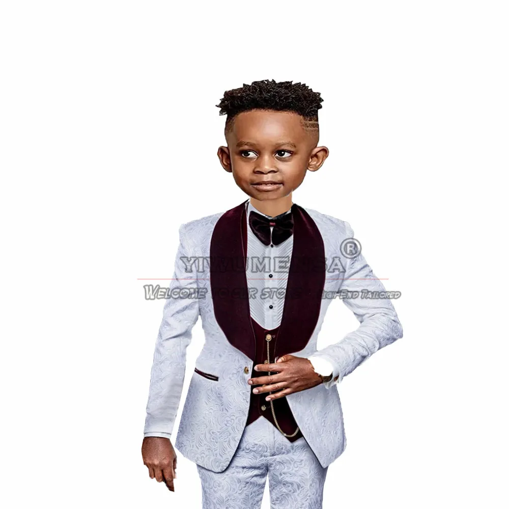 Terno de casamento Slim Fit para meninos, conjunto formal, roupa para portadores de anéis, lapela de veludo Borgonha, blazer floral, criança infantil, 4 peças