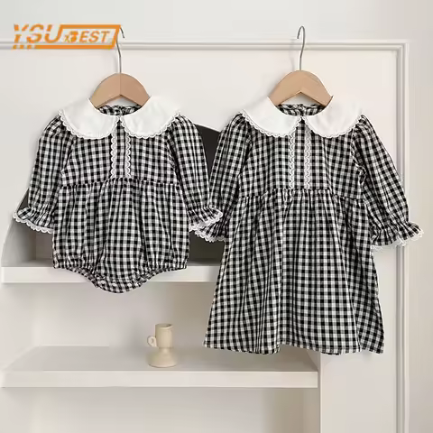 Infant Baby Girls Long Sleeve Sweet Sisters Grid Dress Spring Autumn Rompers Kids Baby Girls Princess Clothes Rompers