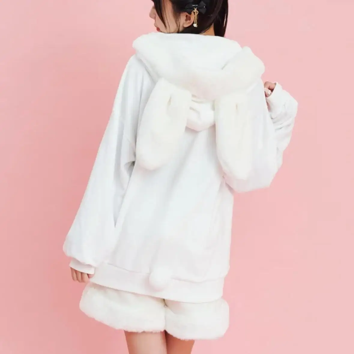 Dophee Original Japanese White Plush Jacket All-match Autumn Winter Women Zip Cardigans Coat Cute Rabbit Ears Fluffy Hoodie Top