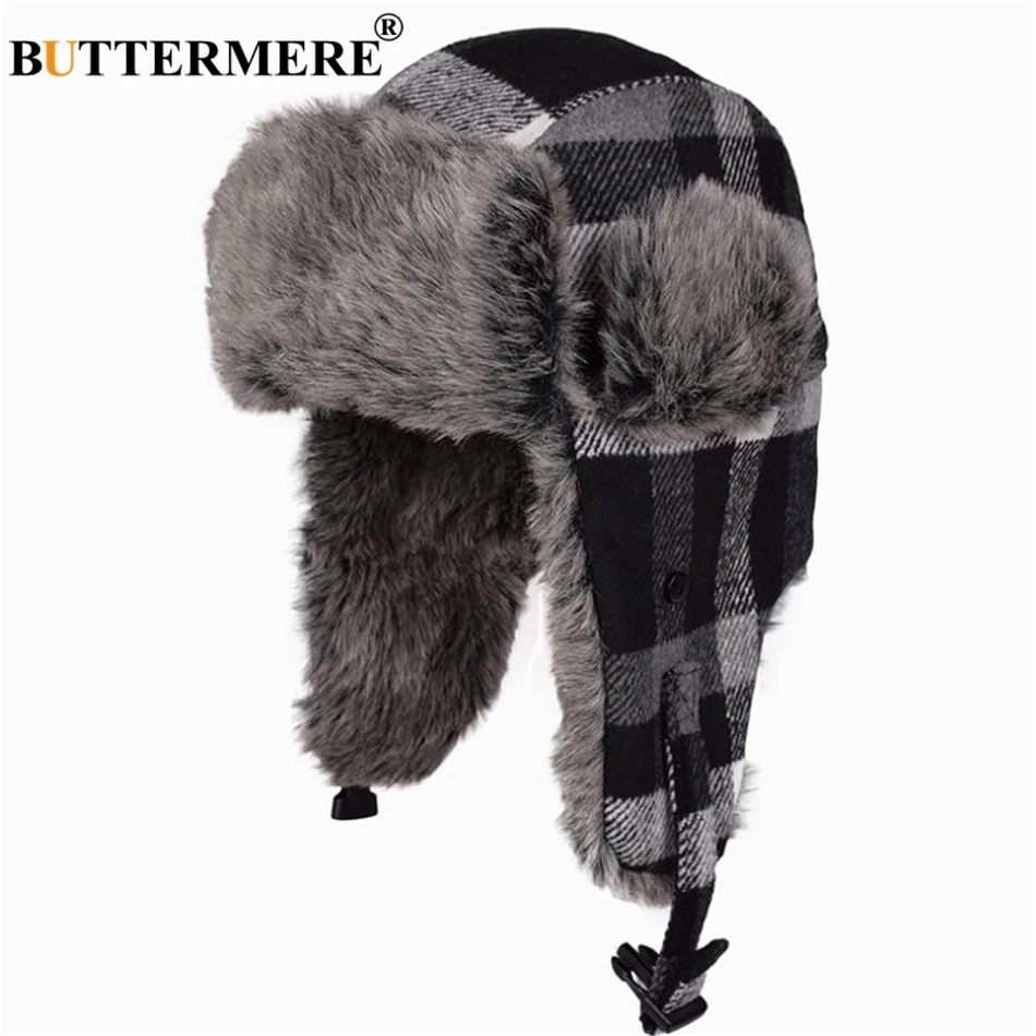 BUTTERMERE Winter Bomber Hat Women Men Grey Plaid Russian Ushanka Hats Warm Thick Ski Male Female Outdoor Earflap Trapper Hat