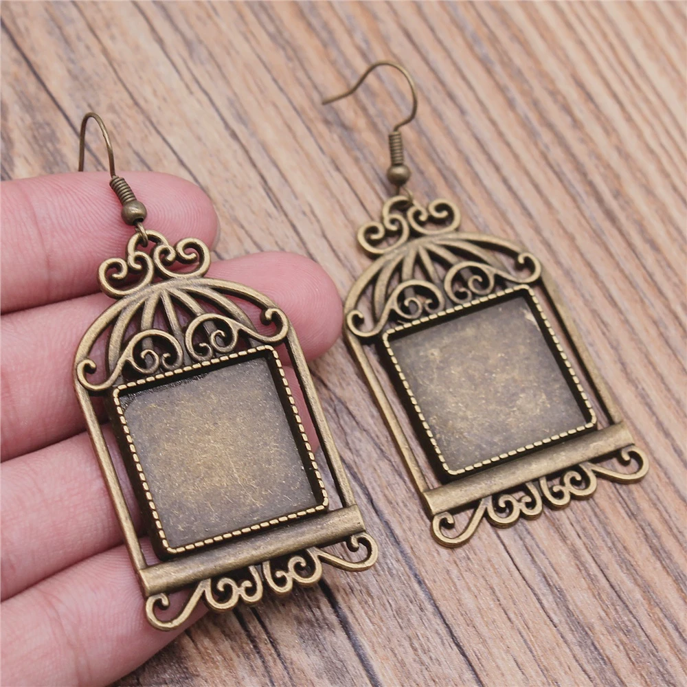 Vintage Antique Bronze Color 20mm Square Birdcage Style Cameo Cabochon Pendant Base Setting Dangle Earrings