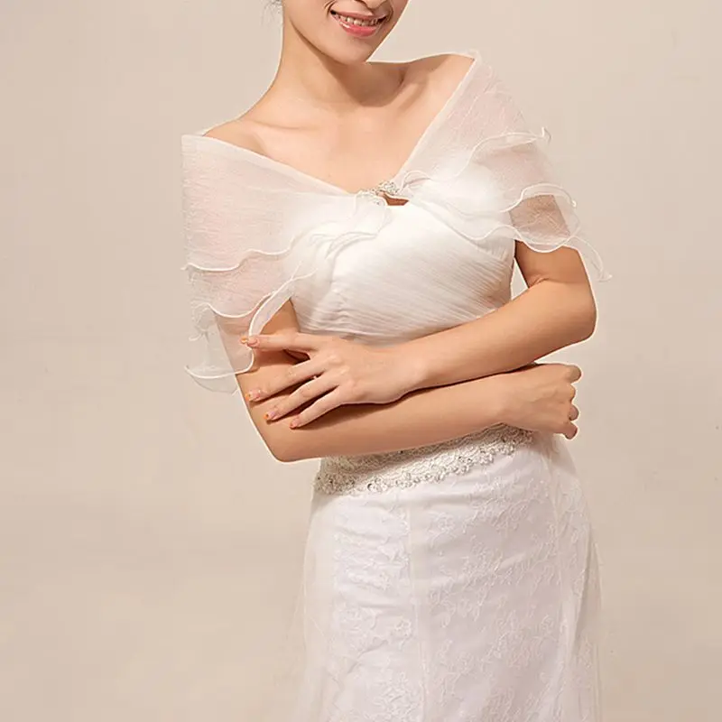 ZB91 Bridal Layered Ruffles Bolero Solid Color Tiers Wedding Shawl Shrug Wrap for Rhinestone Bowknot Off Shoulder Prom Capele