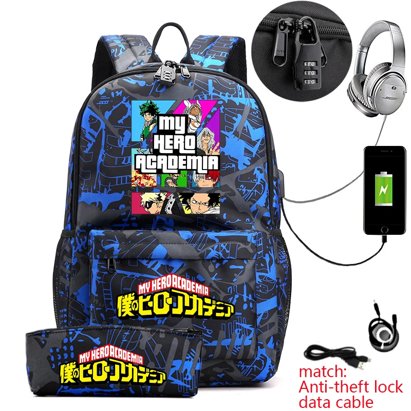 My Hero Academia Anime Backpack Youth Travel Bag Campus Student USB Lock School Bag Pencil Bag Two-piece Set