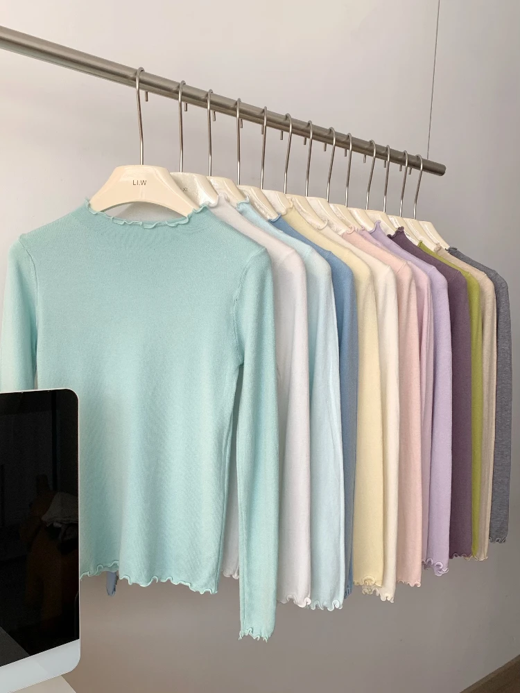 

Fashion Ruffled Collar Slim Jumper 2025 Autumn Winter Women Sweater Solid Long Sleeve Basic Pullovers High Elasticity Knit Tops