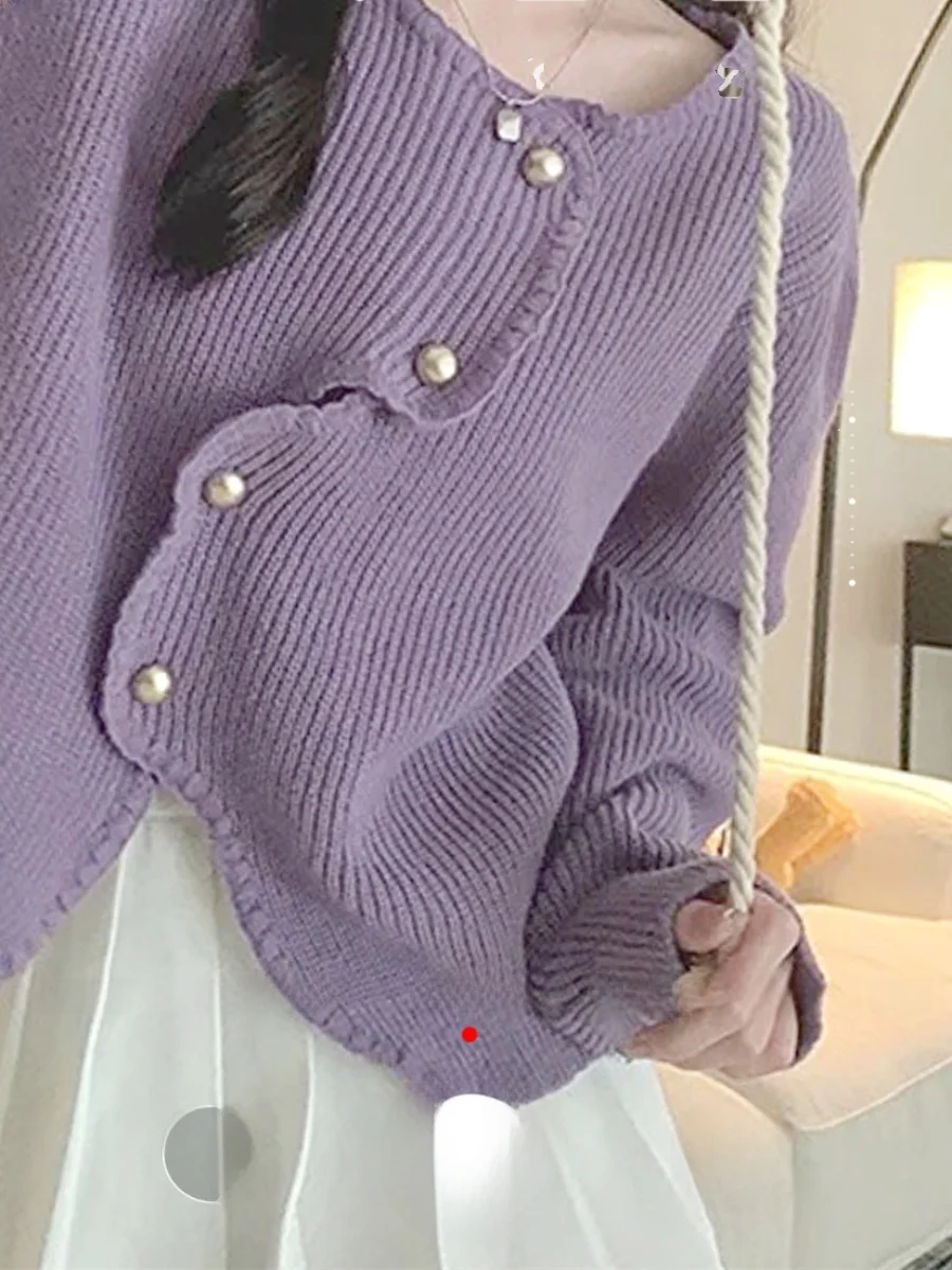 

Повседневный вязаный кардиган с круглым вырезом, перекрестным узором, матовыми пуговицами, стандартным и длинным рукавом, однотонный, для повседневной носки