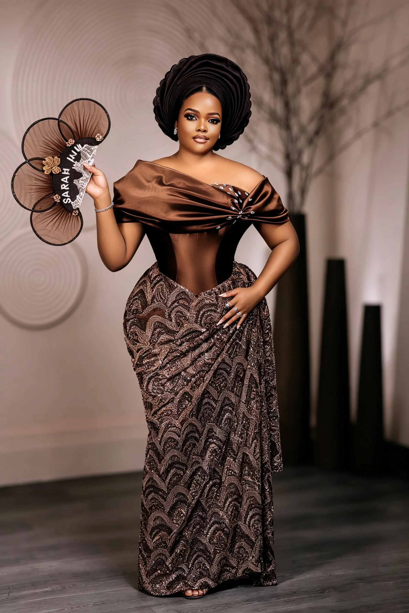 Elegant Brown Off Shoulder Formal Evening Dress Sequined Pattern Corset Mermaid Prom Gown African Aso Ebi Party Dress Customized
