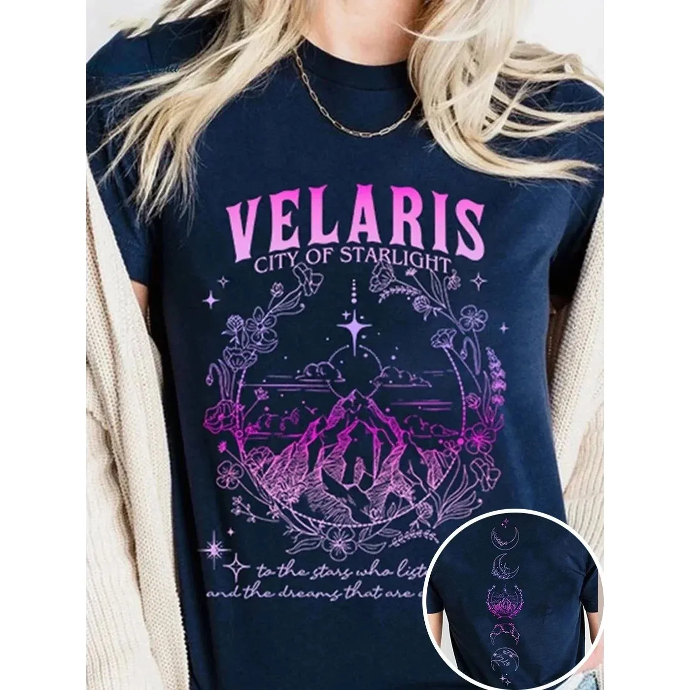 

Velaris Ci of Starlight Acotar Tirt Women's Cleanfit Cotton Top with Two-Sided Pattern A-Line Sves for Ladies