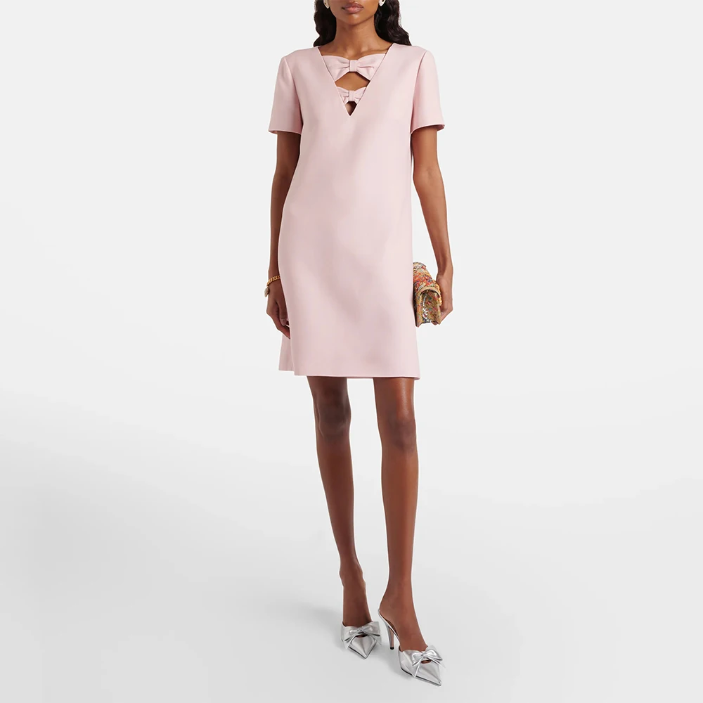 

Customized Short Party Dresses for Women 2026 Bows V Neck Column Cocktail Gowns Mini Short Sleeves Pink Homecoming Dress