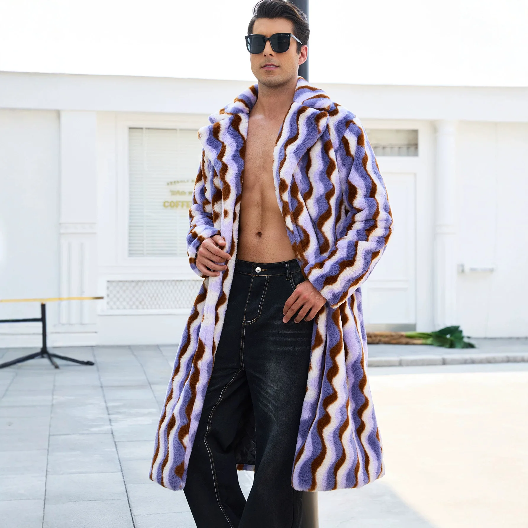 Men Long Coats Faux Fur Jackets Turn Down Collar Print Coat Full Sleeve Thick Warm Y2k Streetwear Work Casual Autumn Winter 2026