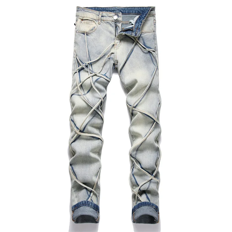 

Fashion Streetwear Male Jeans Retro Blue Elastic Slim Fit Multi-ribbon Casual Jeans Men Punk Designer Hip Hop Denim Pants