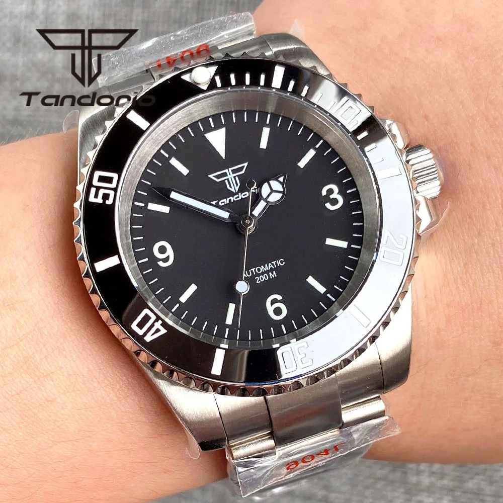 

Tandorio Sapphire Glass Black Dial NH35A PT5000 200M Automatic Dive Watch for Men Ceramic Bezel Glide Clasp Bracelet Screw Crown