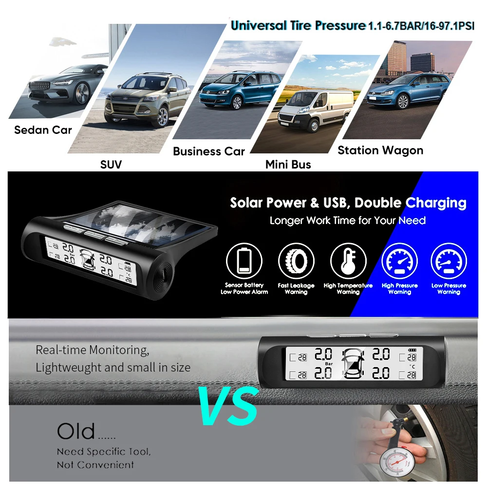 Système intelligent de surveillance de la pression de voiture TPMS, alarme de sécurité, affichage de la pression solaire, température, iode, 4