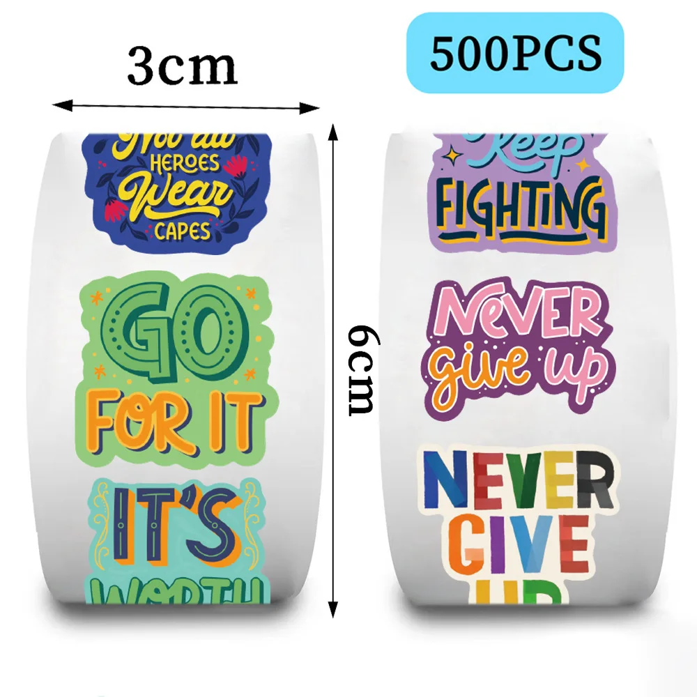 500pcs/Roll Cartoon Inspirational English Phrases Sealing Stickers DIY PVC Laptop Decals Decoration Stiker Reward Gift Toys