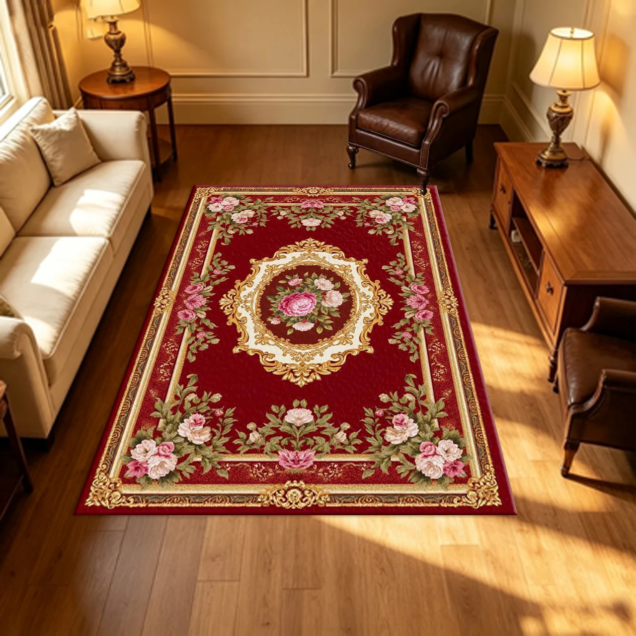 Vintage Red European Rose Floral Carpet Flooring Baroque Ornate Frame Household Living Room Indoor Decor Area Rug