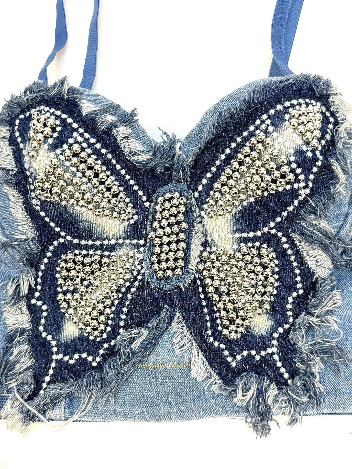 Design,Denim,Corset,Bustier,Women,Butterfly,Appliques,Diamonds,Beading,Vest,Party,Night,Club,Sexy,Bra,Push-up,4N930