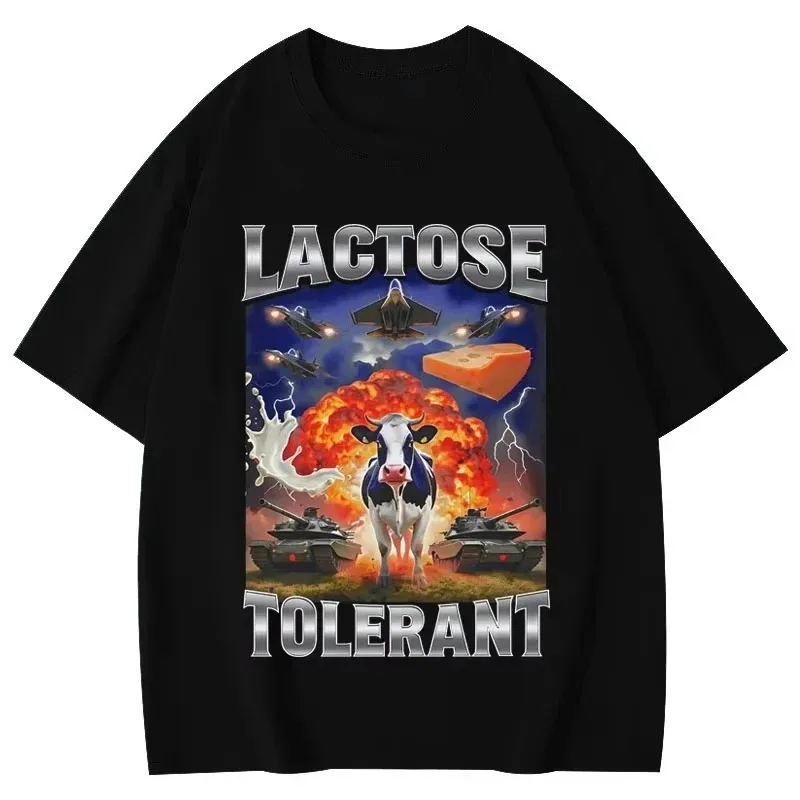 Camiseta de Algodón con Estampado de Vaca Divertido, Tolerante a la Lactosa, para Hombre, Talla Grande, Holgada, Estilo Y2K, Deportiva, Informal, Transpirable, Verano 2026