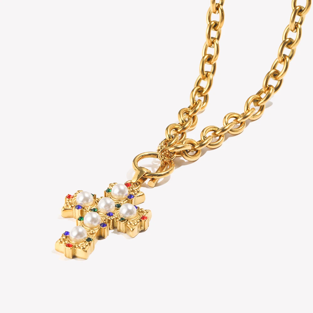 E.B.belle Vintage Style OT Buckle Blue Rhinestone Pearl Cross Pendant Necklace 18K Gold Plated Stainless Steel Neck Jewelry