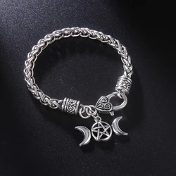 Triple Moon Goddess Bracelets for Men Women Vintage Heart Lock Wheat Chain Bracelet Magic Pentagram Amulet Witch Wicca Jewelry