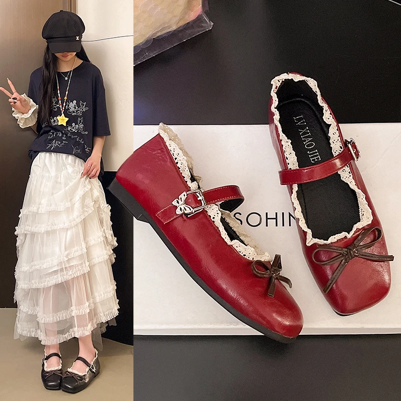

Французские кружевные туфли Мэри Джейн с бантом для женщин, модель 2026 года, с квадратным носком, на одной пряжке, маленькие кожаные туфли для женщин