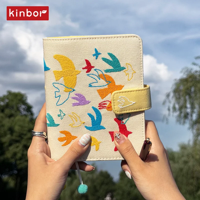 Kinbor A6 Canvas Embroidered Cover Self-filling Notebook, Travel Notes Schedule Planner To-do Lists Cute Stationery for Girl