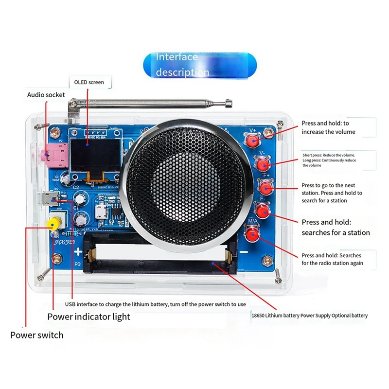 HU-077 FM Radio DIY Kit OLED Display Battery Rechargeable Welding Practice Assembly Electronic Production Kit