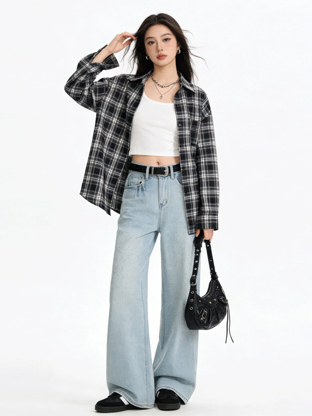 

Джинсы с высокой талией и широкими штанинами из мягкого денима с эффектом потертости и звездным принтом, утягивающие, весенние, длинные, универсальные, в корейском стиле