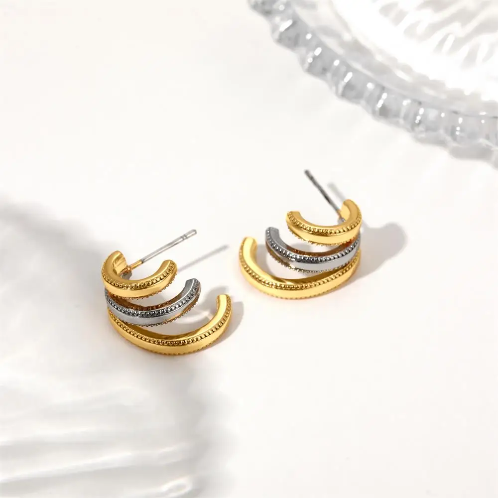 

Creative Personality Multilayer C Shape Hoop Earrings Stainless Steel Polished Two-tone Stacked Ear Huggie Party Charm Jewelry