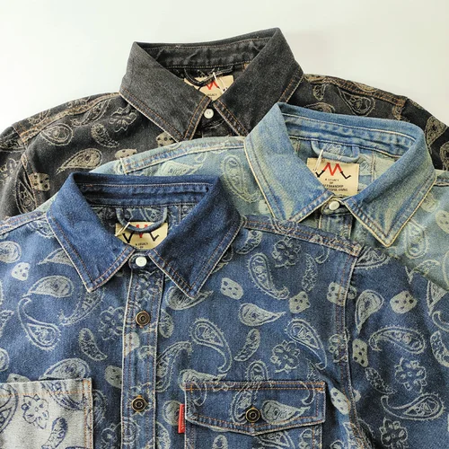 Otoño nuevo japonés Retro de manga larga solapa anacardo impreso camisa de los hombres Simple 100% algodón lavado bolsillo Casual blusas abrigo fino