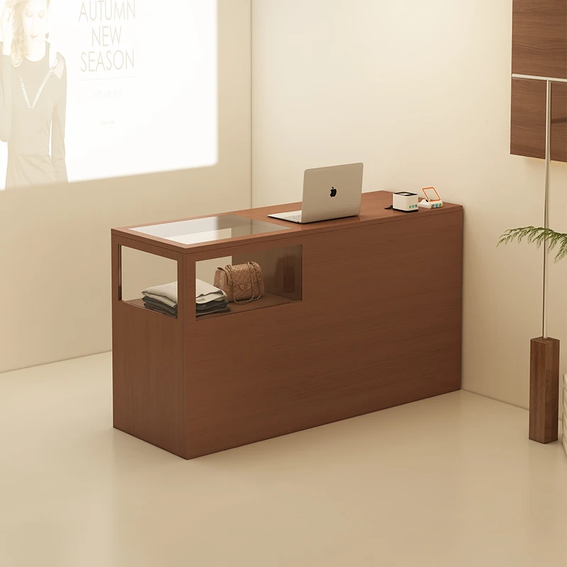 Clothing store cashier, antique women's clothing store, small bar table with glass jewelry counter, beauty salon front desk