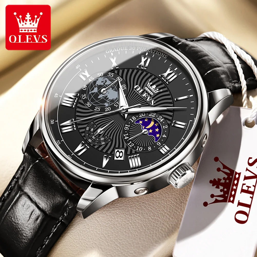 OLEVS Mens Watches Top Brand Luxury Leather Multifunction Moon Phase  24 Hours Chronograph Quartz Watch Men Relogio Masculino