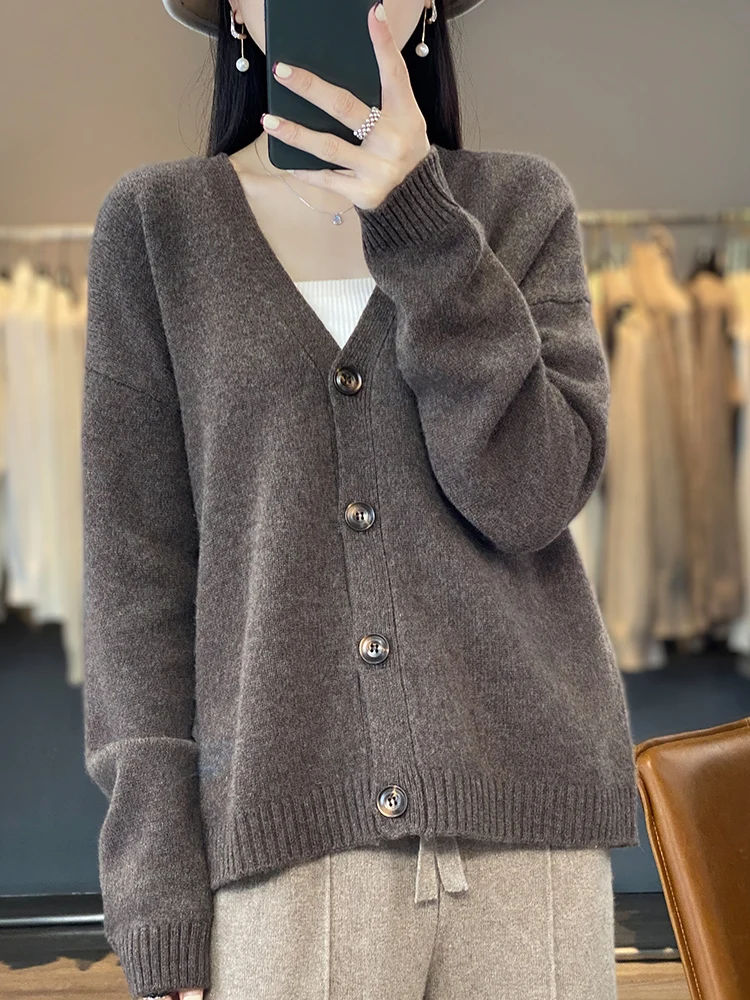 New Chic Women V-neck Cardigan Solid Soft Warm 100% Merino Wool Sweater Autumn Winter Casual Loose Cashmere Knitwear Korean Tops