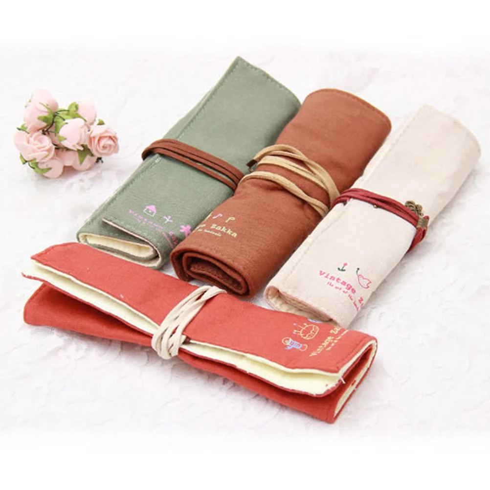 4 шт., винтажная холщовая свернутая сумка-карандаш, многоцелевой чехол для ручек, органайзер для кистей, школьные канцелярские принадлежности для хранения