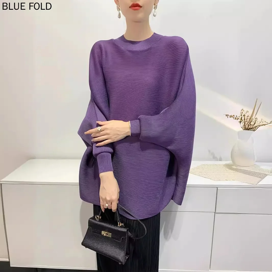 MIYAKE 2024 Autumn New Loose Large Size Pleated Clothes Women's Tops Bat Sleeve T-shirt Toothpick Pleats Designer Clothes Luxury