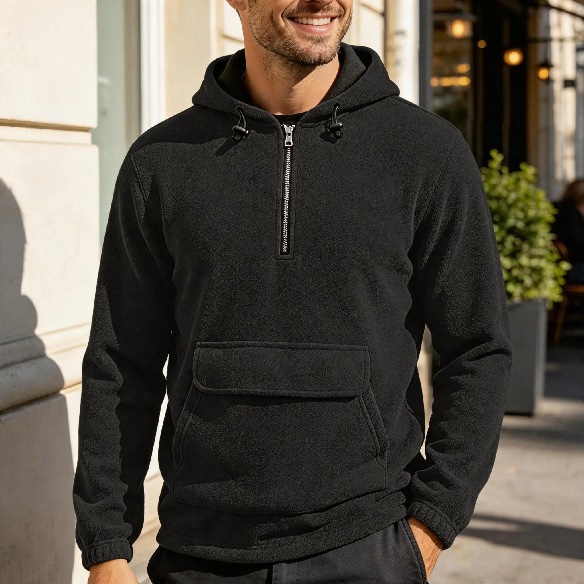 Sudadera de Forro Polar para Hombre con Media Cremallera, Bolsillo Canguro, Manga Larga, Cálida y Casual