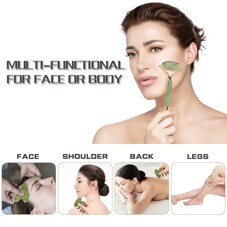 Massageador Facial Natural Jade, Rolo Rosto, Gua Sha Raspador, Cabeças Duplas, Rolo De Pedra De Jade, Cuidados Com A Pele, Massagem Jade para O Corpo Do Rosto