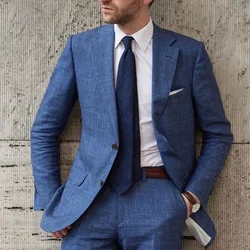 Blue Men Suits Elegant Full Set Notch Lapel Single Breasted Luxury 2 Piece Jacket Pants Slim Fit Wedding Costume for Groom 2024